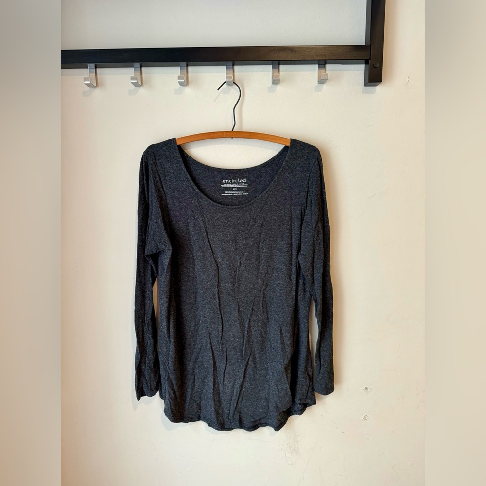 Encircled Dark Grey Microstripe Long Sleeve Scoop Neck Shirt